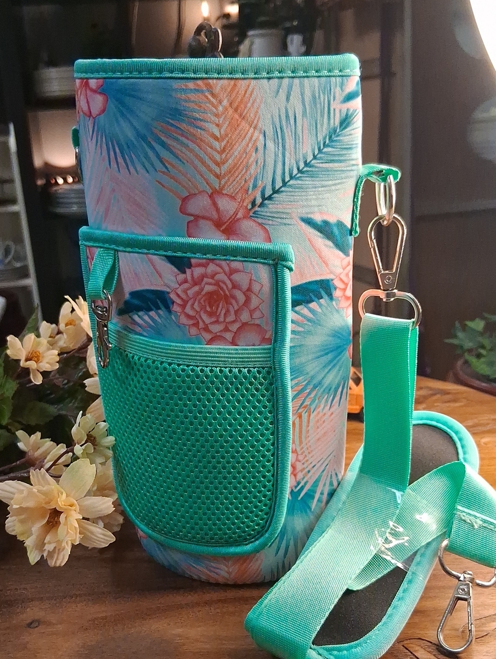 Tropical Floral Insulated Bottle Bag - Teal and Coral